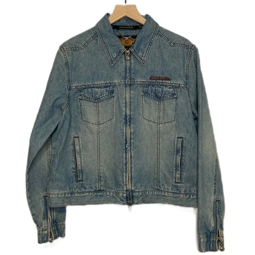 Vintage Harley-Davidson XL Women’s Jean Jacket Leather Back Panel Biker Moto - Picture 2 of 9